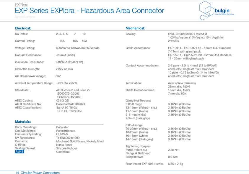 防爆系列連接器EXP-0931技術參數